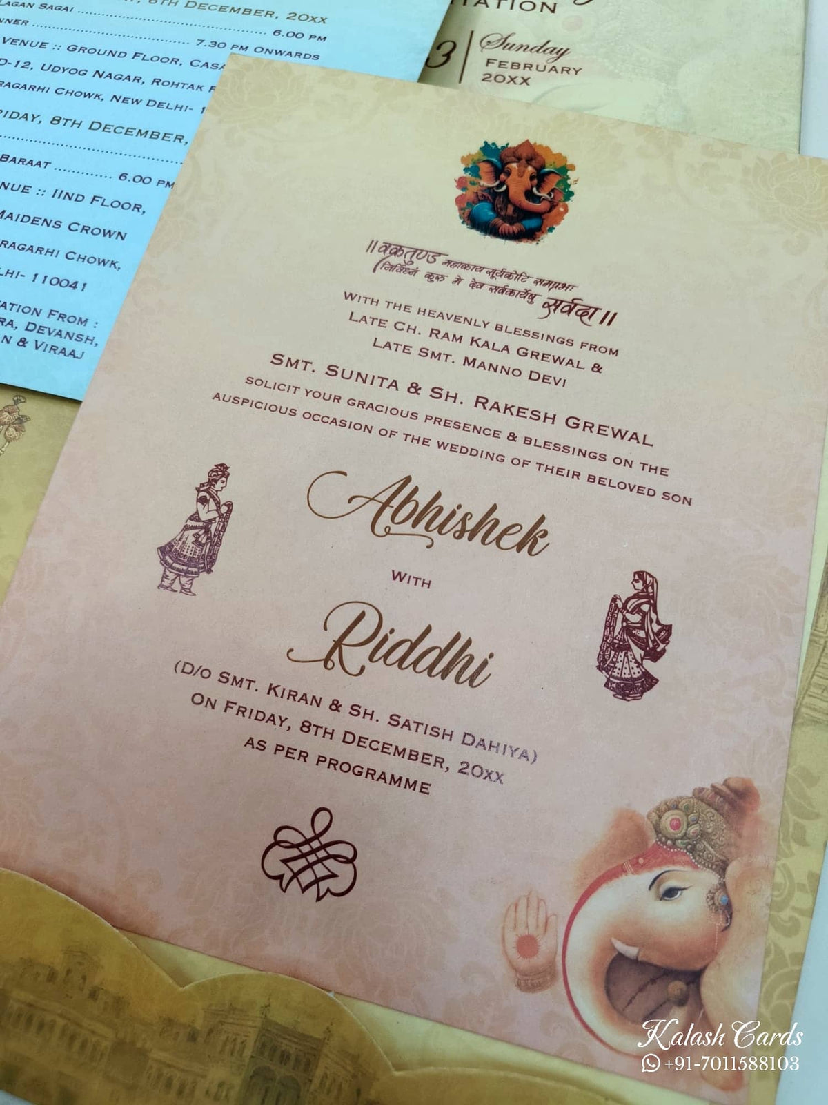 KL03651 Hindu Hardboard Padding Thick Wedding Card with 2 Page and Envelope-Kalash Cards