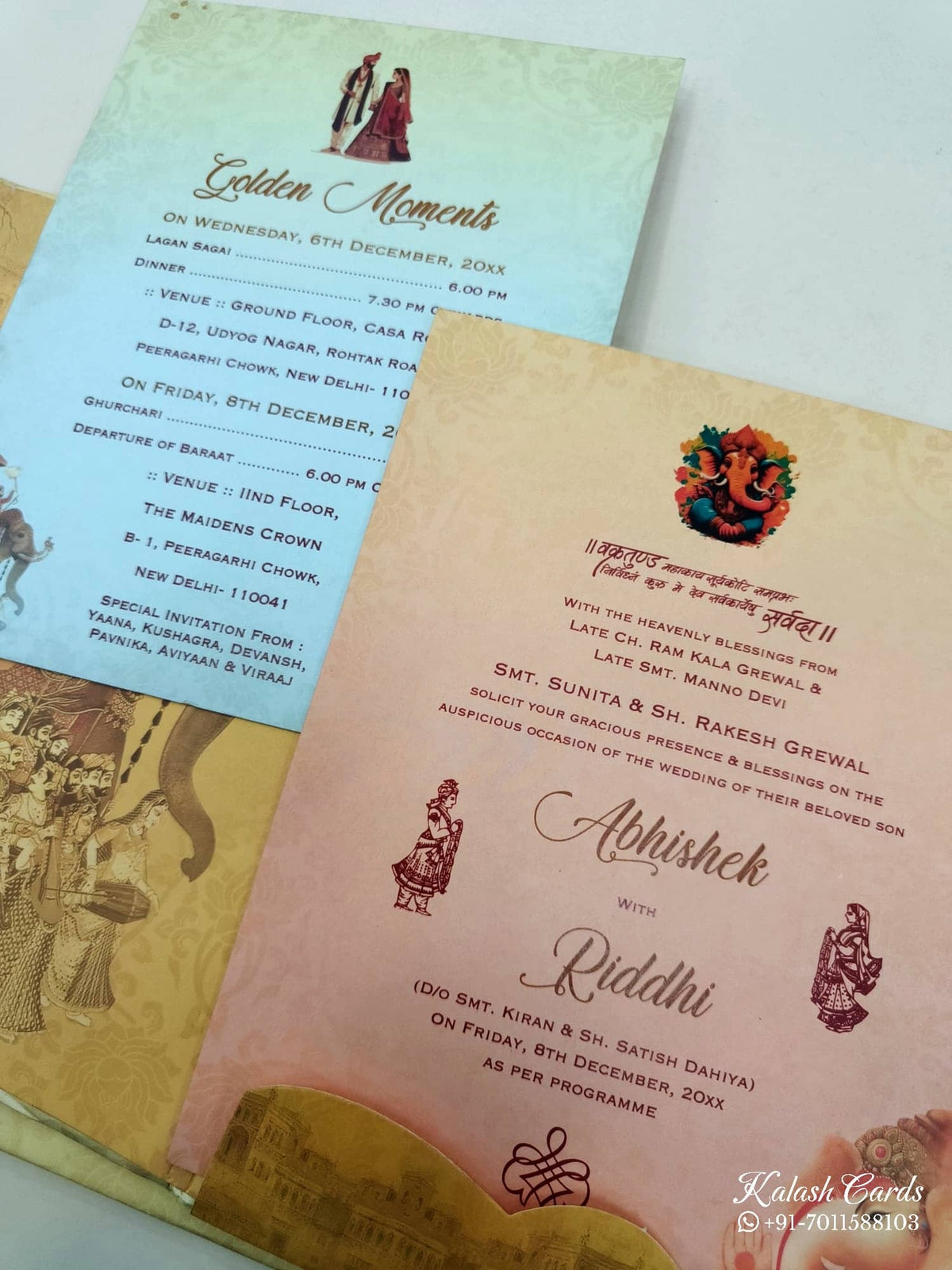 KL03651 Hindu Hardboard Padding Thick Wedding Card with 2 Page and Envelope-Kalash Cards