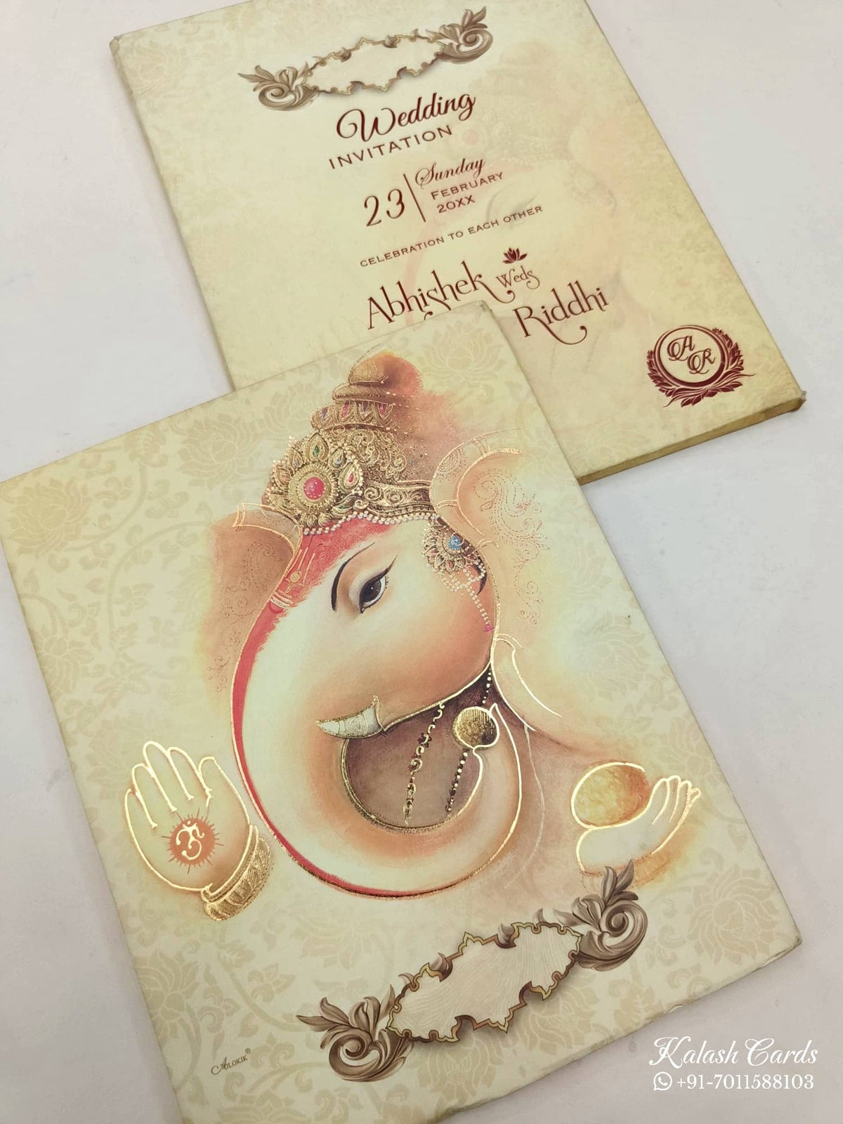 KL03651 Hindu Hardboard Padding Thick Wedding Card with 2 Page and Envelope-Kalash Cards