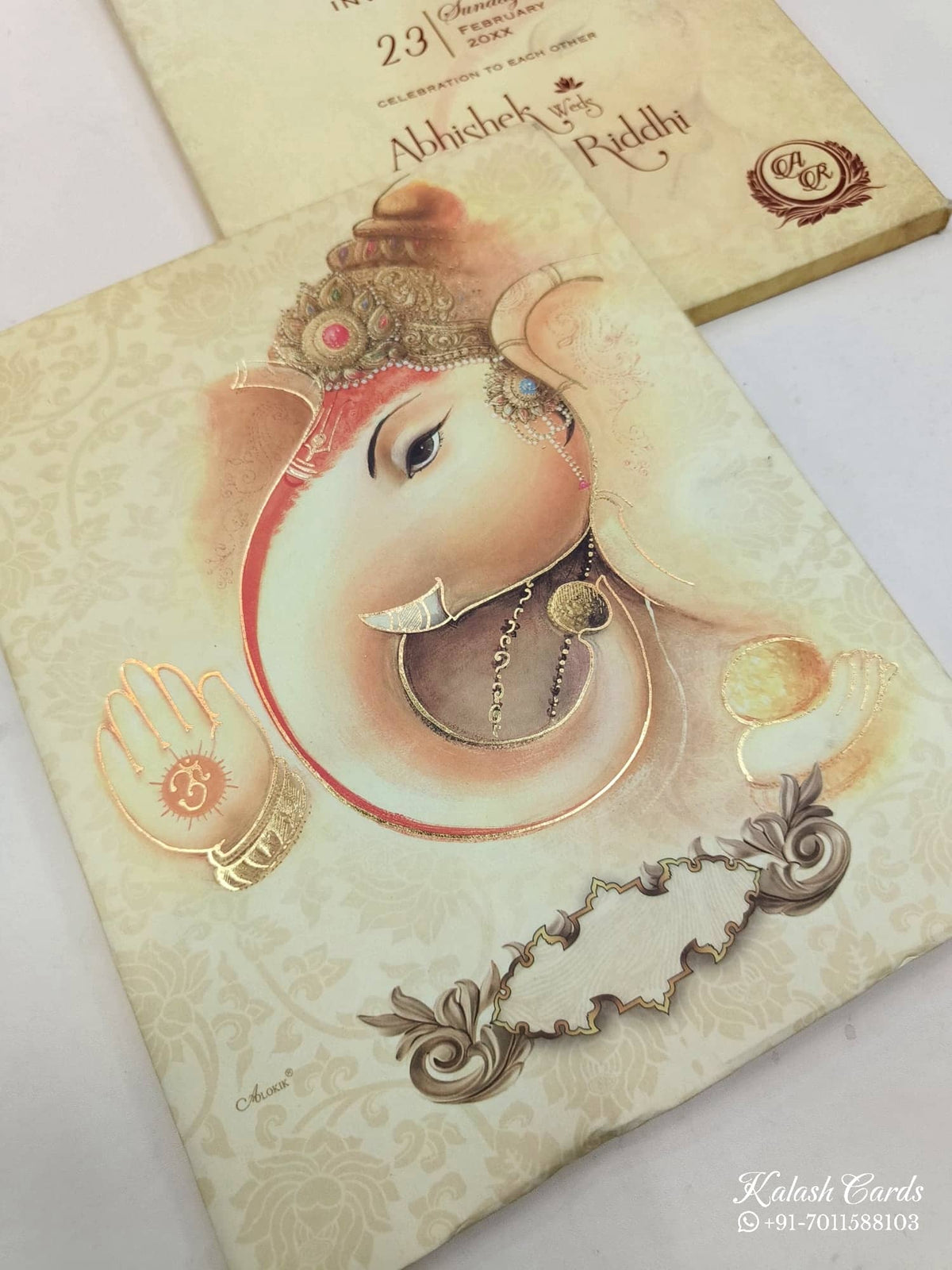 KL03651 Hindu Hardboard Padding Thick Wedding Card with 2 Page and Envelope-Kalash Cards
