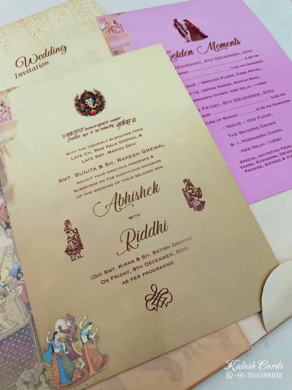 KL0632 Traditional Sehra Barat Design Padding Thick Wedding Card with 2 Inserts and Envelope-Kalash Cards