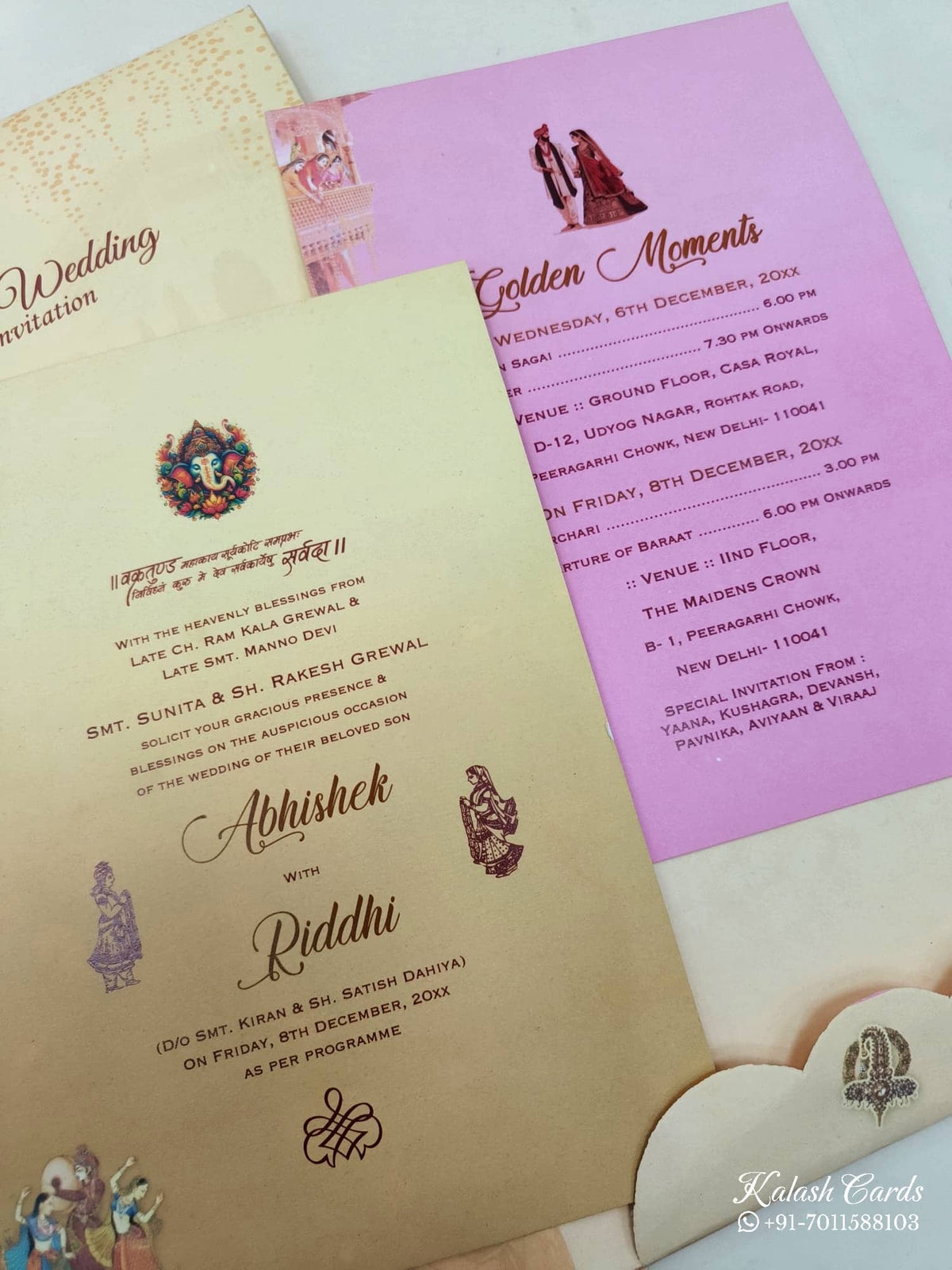 KL0632 Traditional Sehra Barat Design Padding Thick Wedding Card with 2 Inserts and Envelope-Kalash Cards
