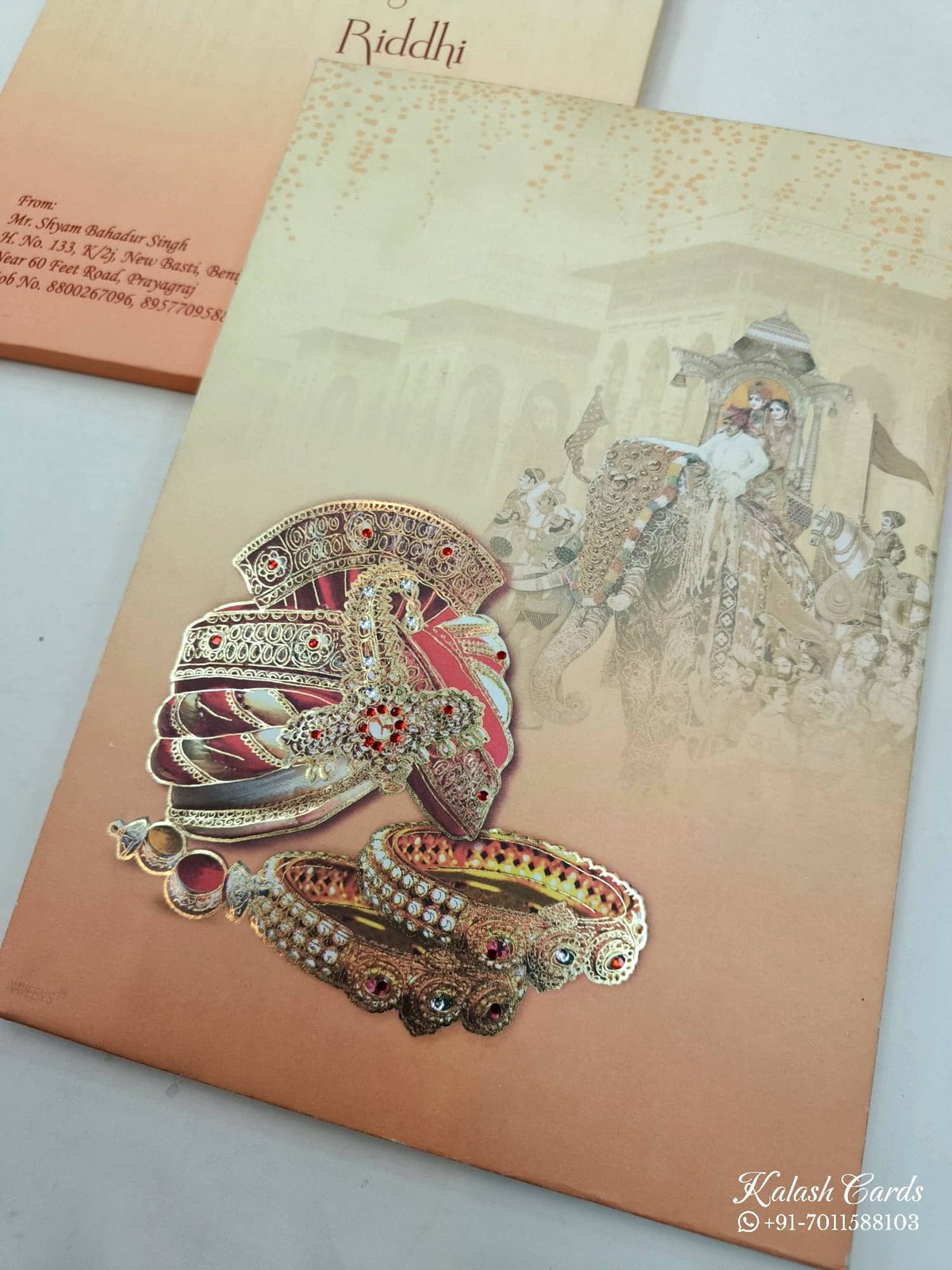 KL0632 Traditional Sehra Barat Design Padding Thick Wedding Card with 2 Inserts and Envelope-Kalash Cards