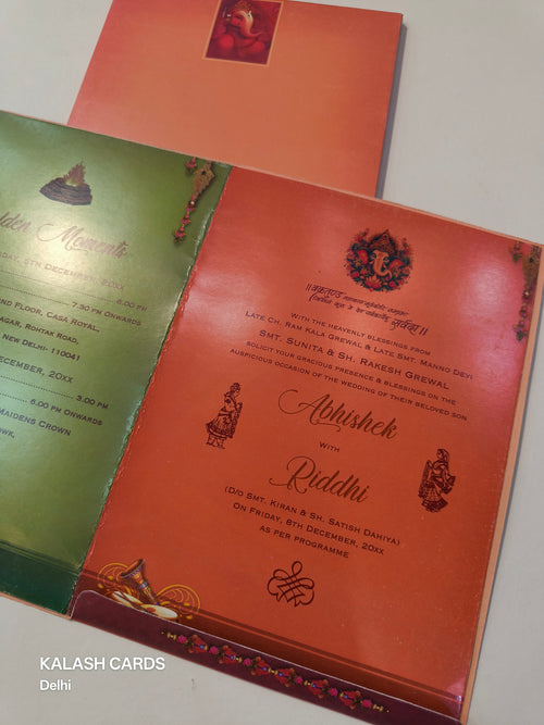 KL0641 Ganesh Semi Box Paper Wedding Card (2 Page)-Kalash Cards