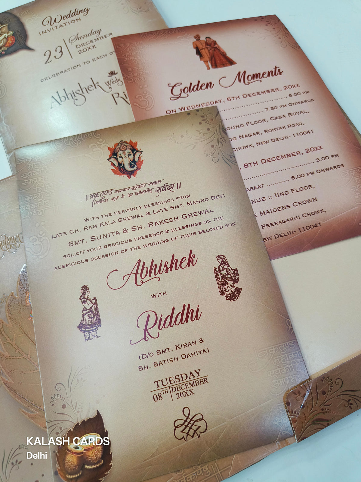 KL0708 Ganesha Hardboard Padding Thick Wedding Card with 2 Inserts and Envelope-Kalash Cards
