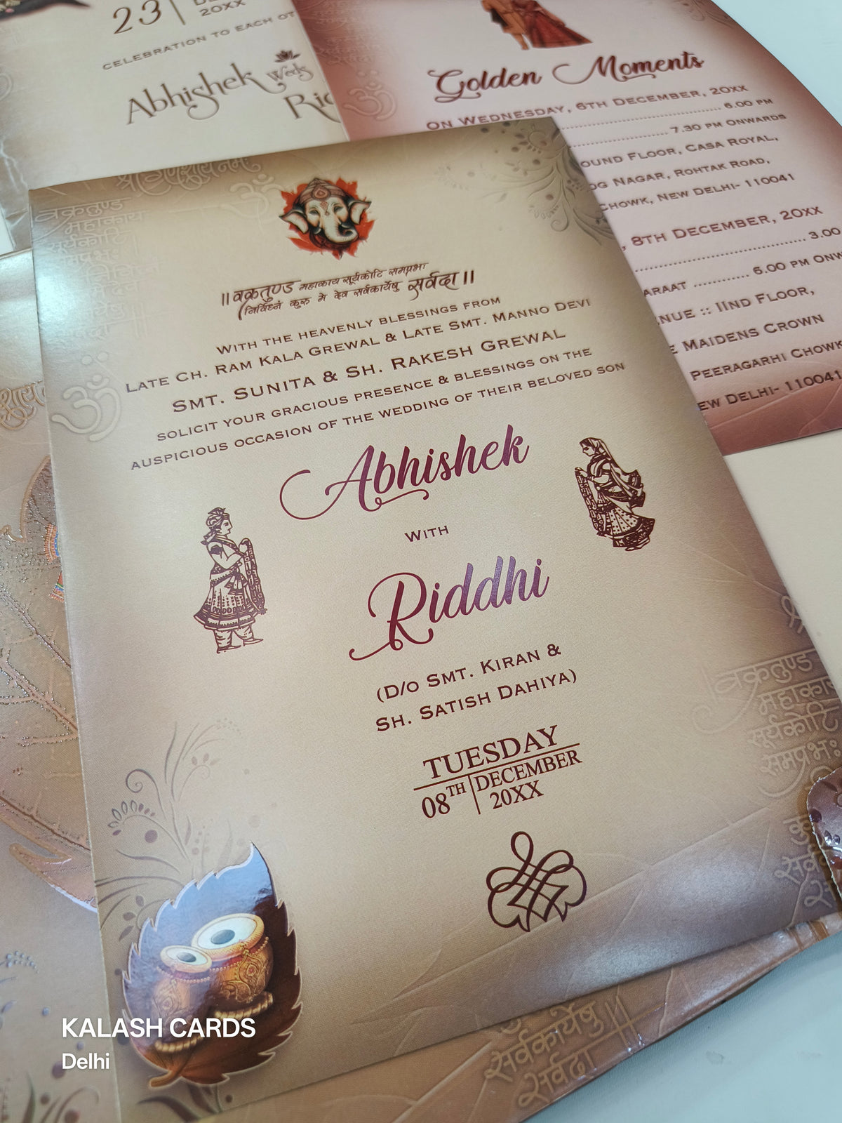 KL0708 Ganesha Hardboard Padding Thick Wedding Card with 2 Inserts and Envelope-Kalash Cards