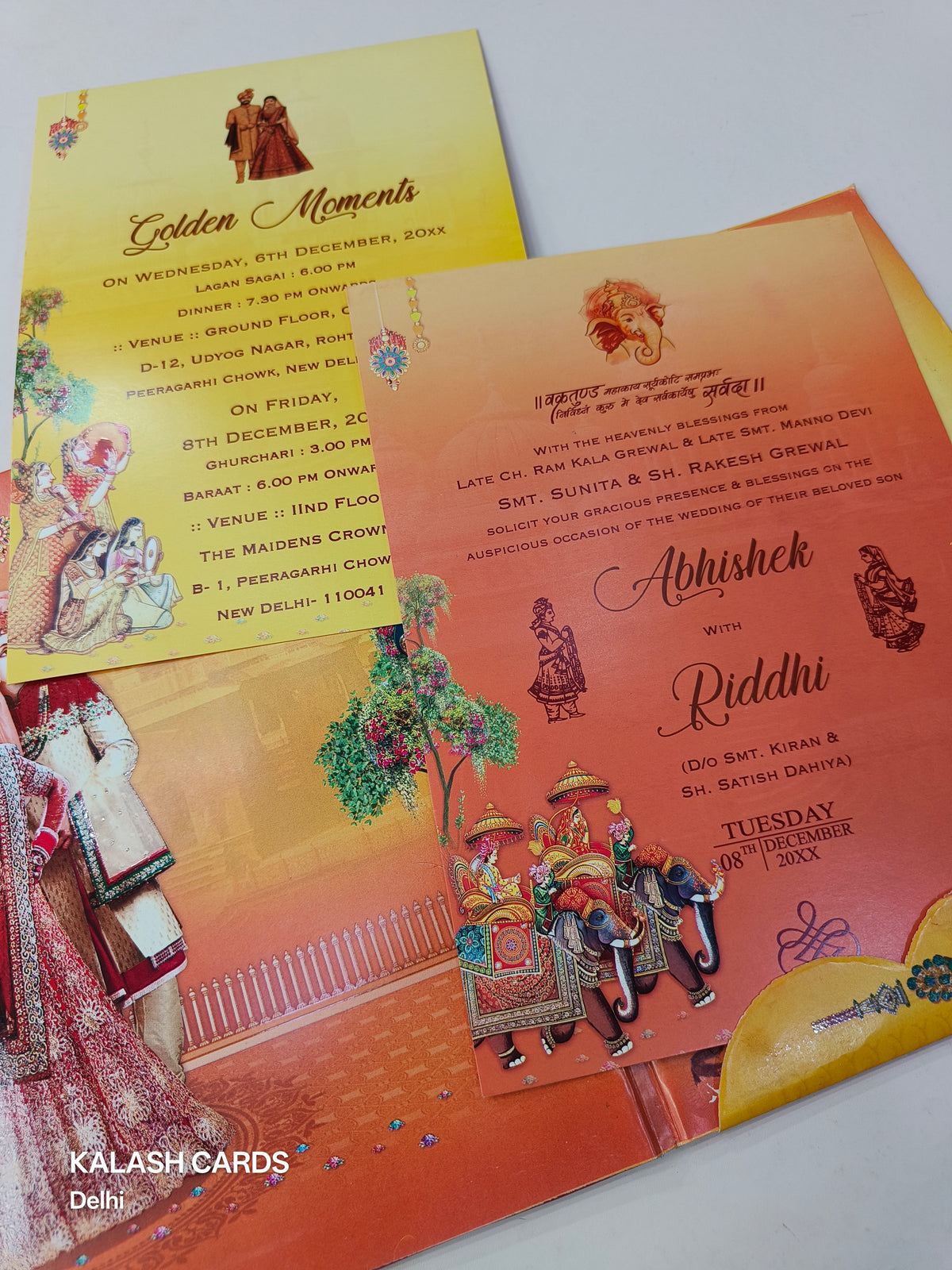 KL0823 Ganesha Barat Hardboard Padding Thick Wedding Card with 2 Inserts and Envelope-Kalash Cards