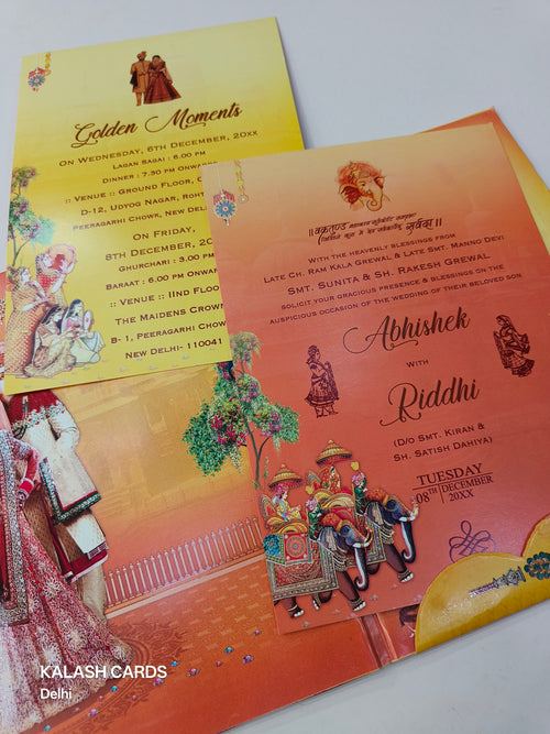 KL0823 Ganesha Barat Hardboard Padding Thick Wedding Card with 2 Inserts and Envelope-Kalash Cards