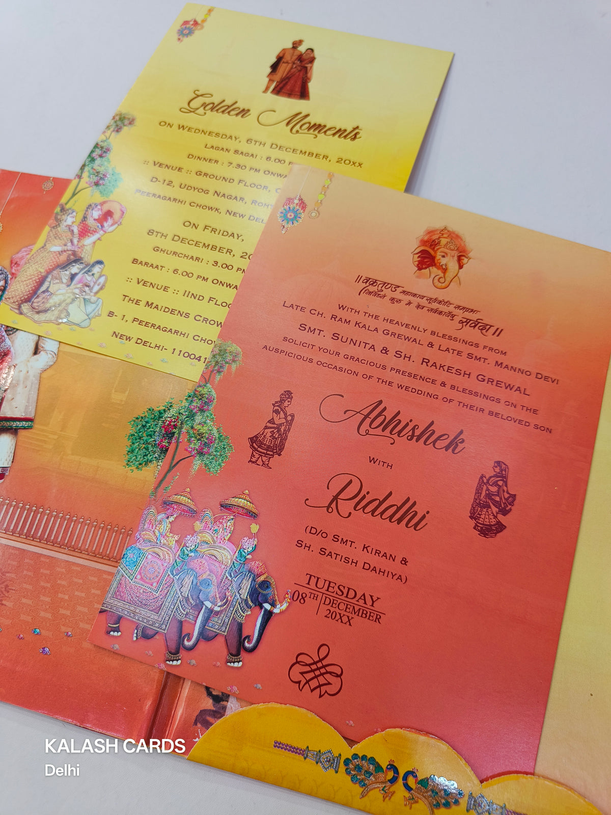 KL0823 Ganesha Barat Hardboard Padding Thick Wedding Card with 2 Inserts and Envelope-Kalash Cards