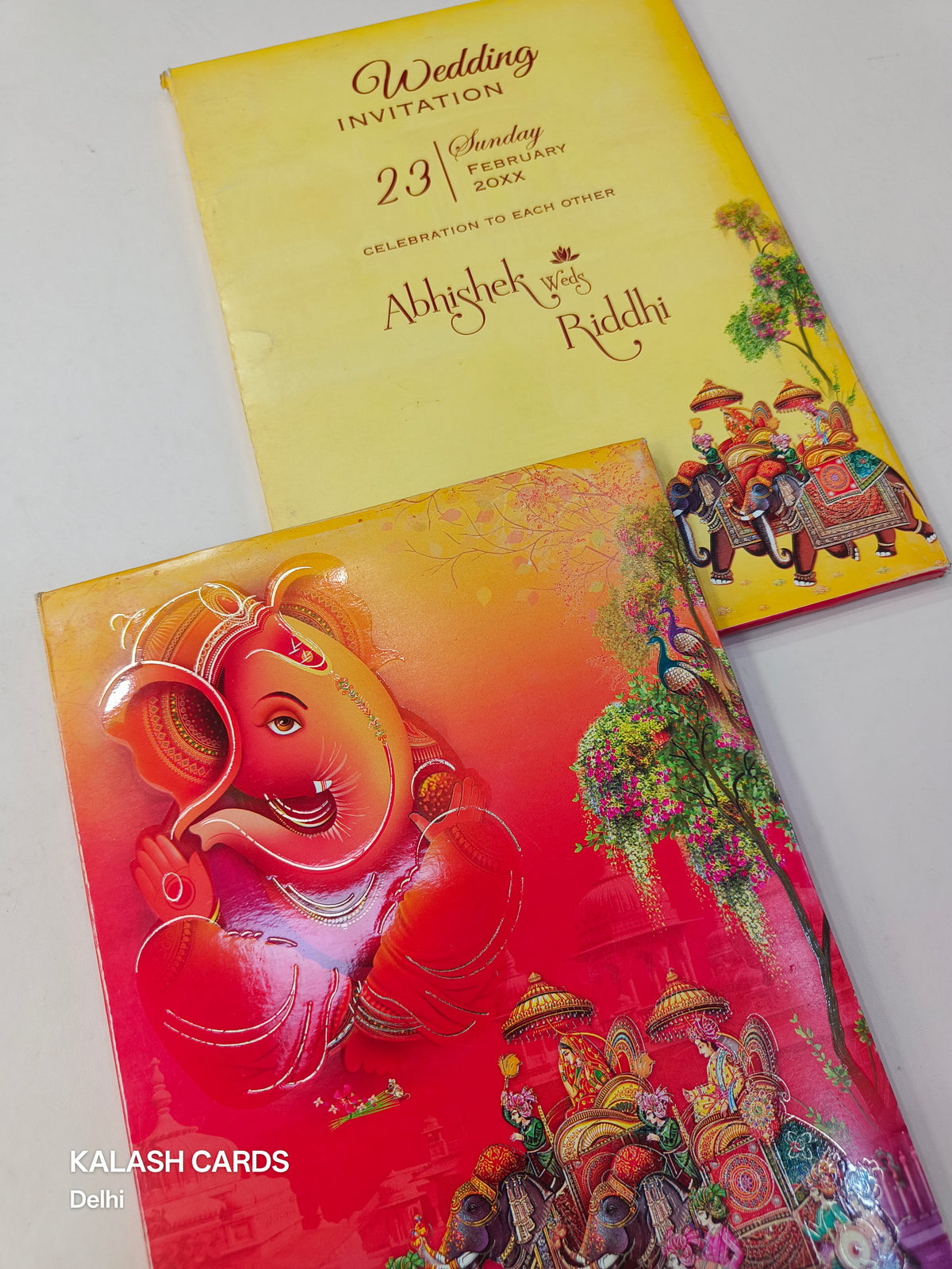 KL0823 Ganesha Barat Hardboard Padding Thick Wedding Card with 2 Inserts and Envelope-Kalash Cards