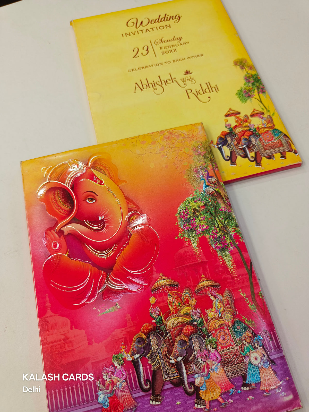 KL0823 Ganesha Barat Hardboard Padding Thick Wedding Card with 2 Inserts and Envelope-Kalash Cards