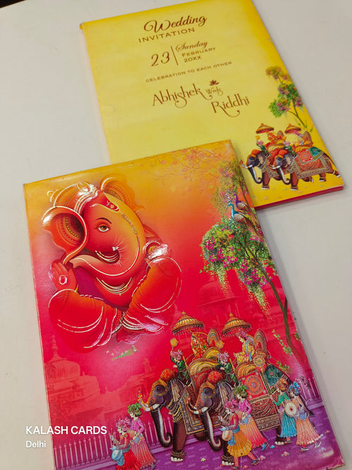 KL0823 Ganesha Barat Hardboard Padding Thick Wedding Card with 2 Inserts and Envelope-Kalash Cards