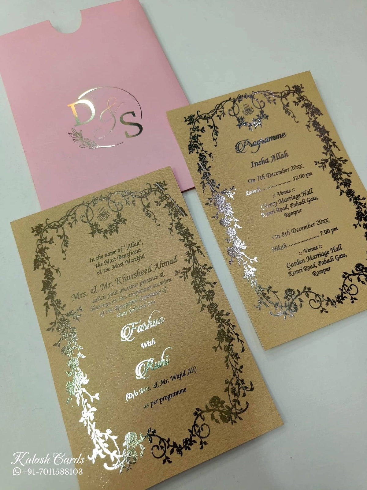 KL1052-3 Floral Theme Gold Leaf Premium Wedding Card (2 Page)-Kalash Cards