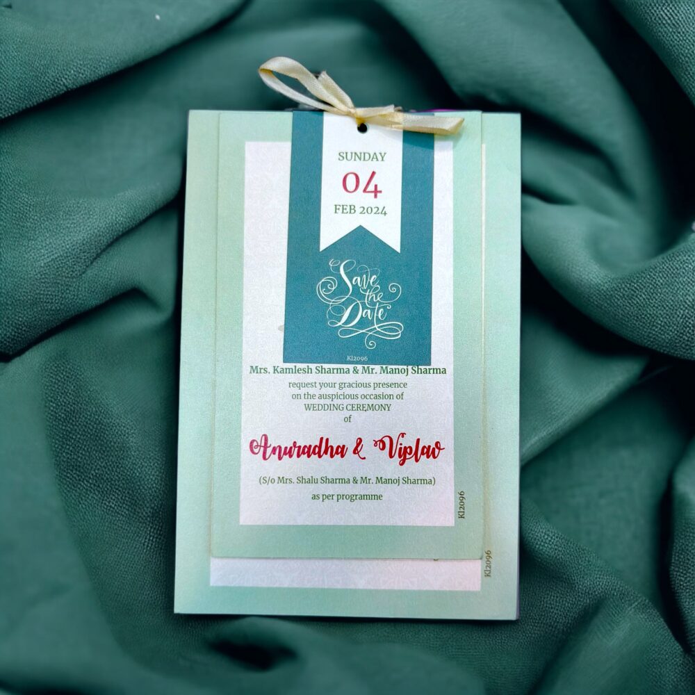 KL2096R Luxury Paper Wedding Card with Tag and Ribbon - Kalash Cards