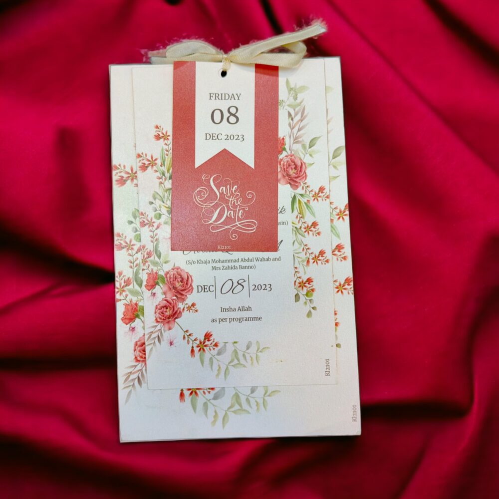 KL2101R Luxury Paper Wedding Card with Tag and Ribbon - Kalash Cards