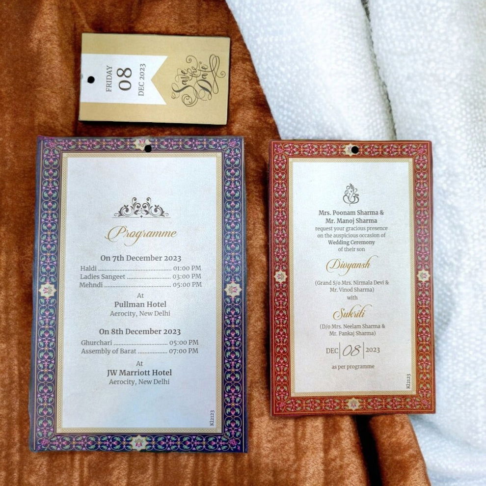 KL2123R Luxury Paper Wedding Card with Tag and Ribbon - Kalash Cards