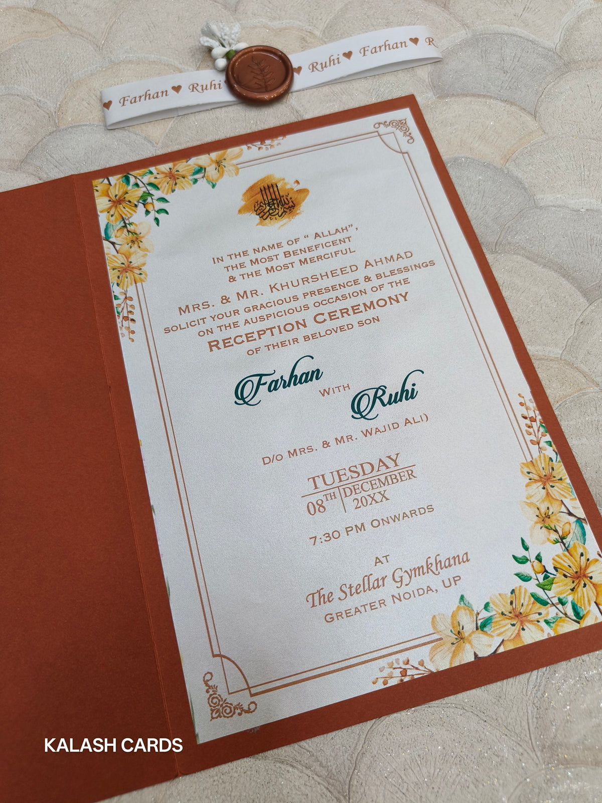 KL2133 Minimal Floral Design Wedding Card with Flower Seal and Band (1 Page)-Kalash Cards