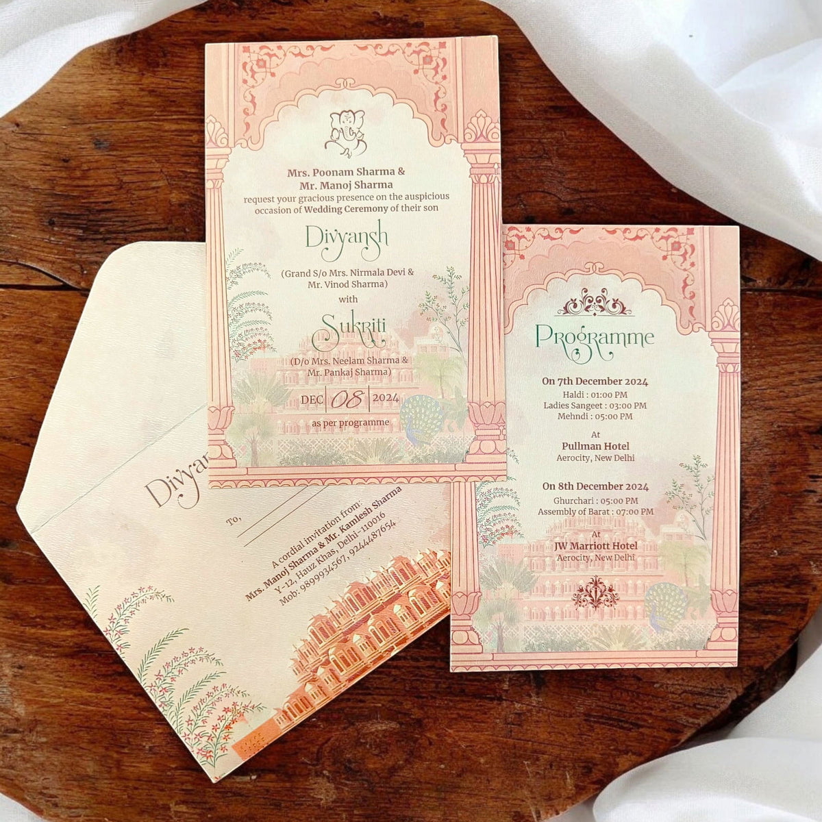 KL2211 Traditional Fort Design Luxury Wedding Invitation Card with 2 Printed Cards and Matching Envelope - Kalash Cards