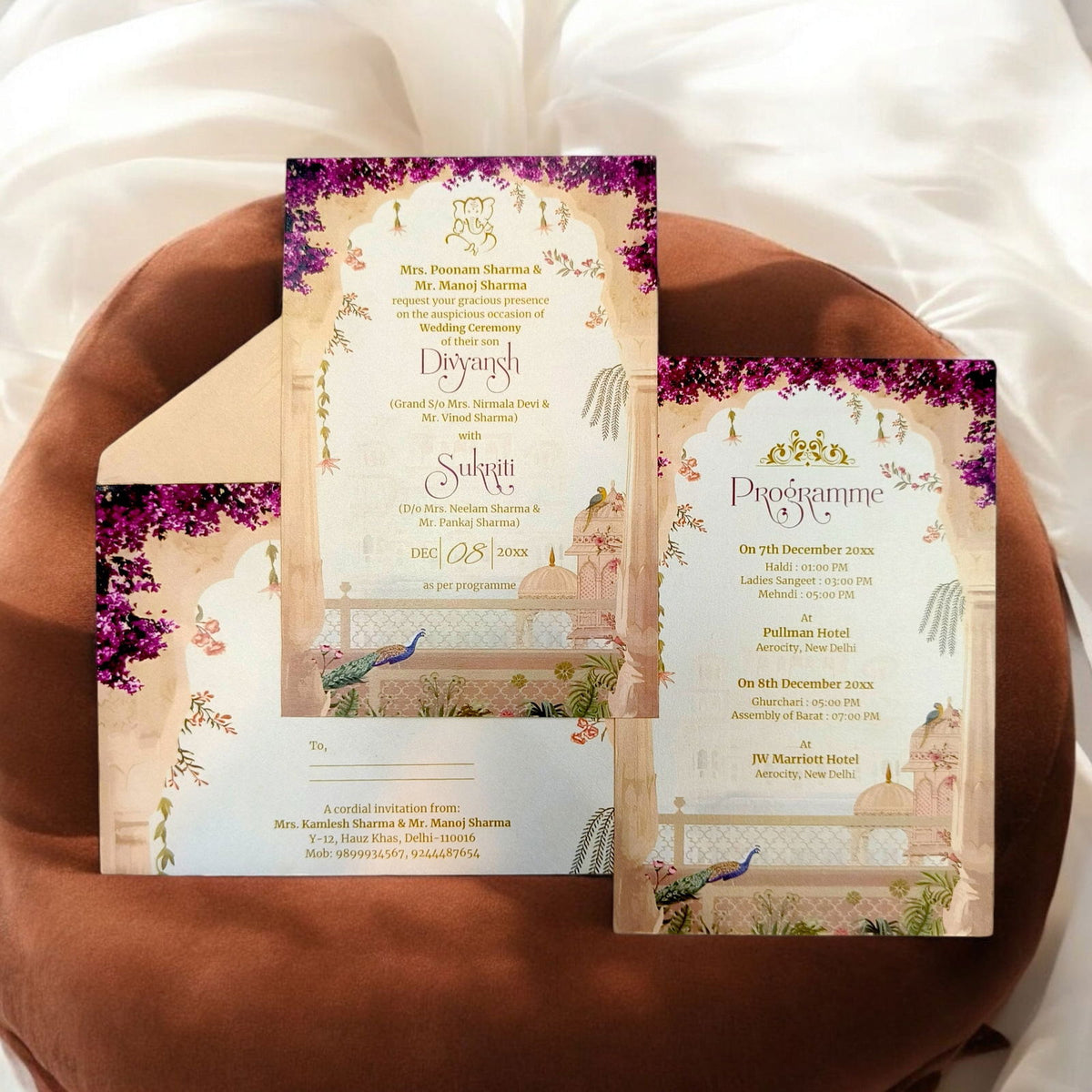 KL2216 Floral Arch Peacock Luxury Wedding Invitation Card with 2 Printed Cards and Matching Envelope - Kalash Cards