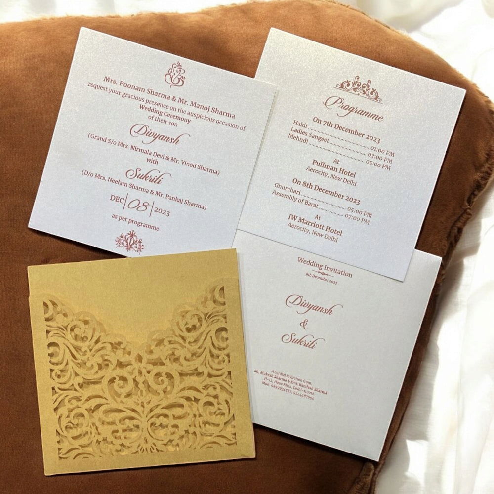 KL8002-3 Laser Cut Paper Wedding Card with 2 Card Inserts and 1 Envelope - Kalash Cards