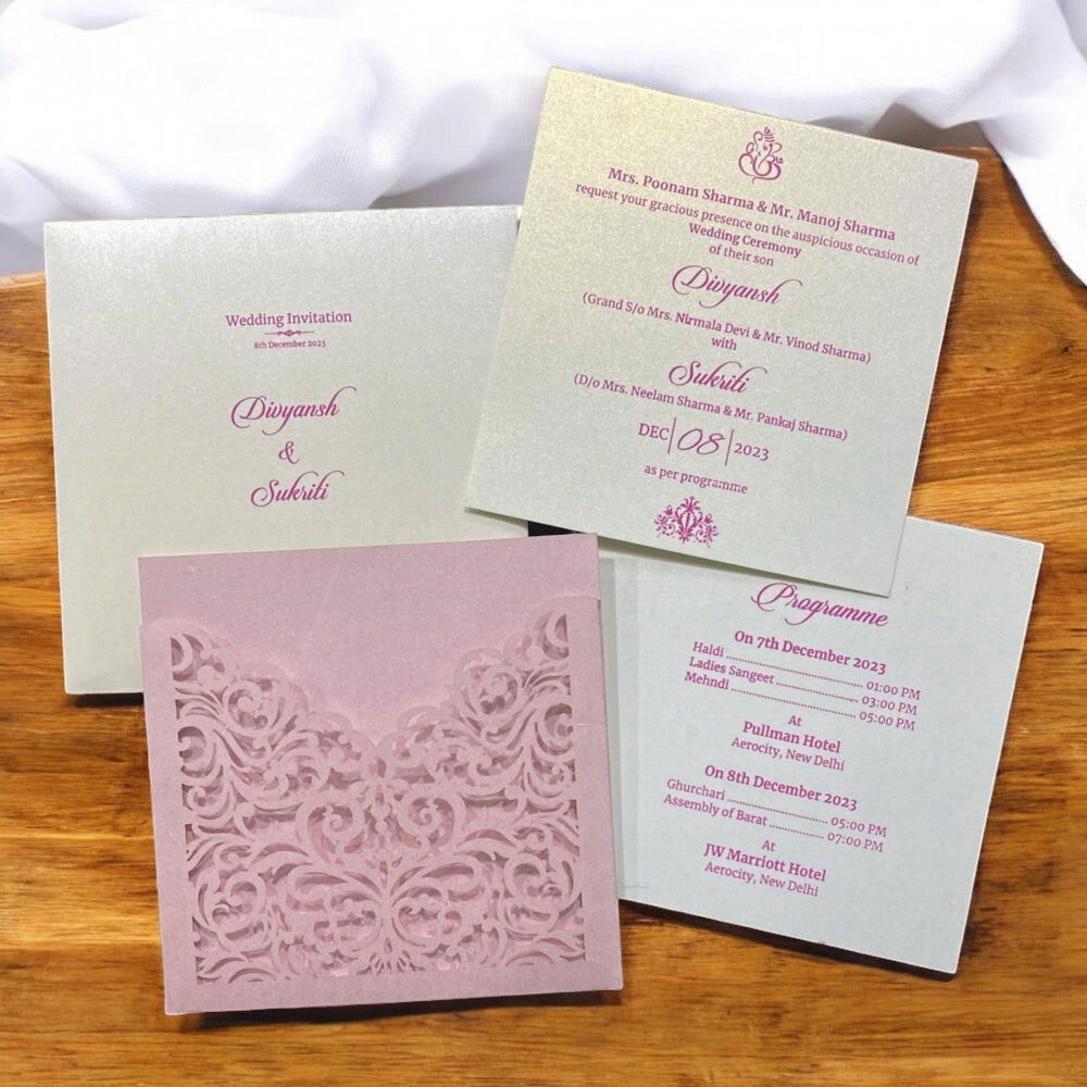 KL8002-4 Laser Cut Paper Wedding Card with 2 Card Inserts and 1 Envelope - Kalash Cards