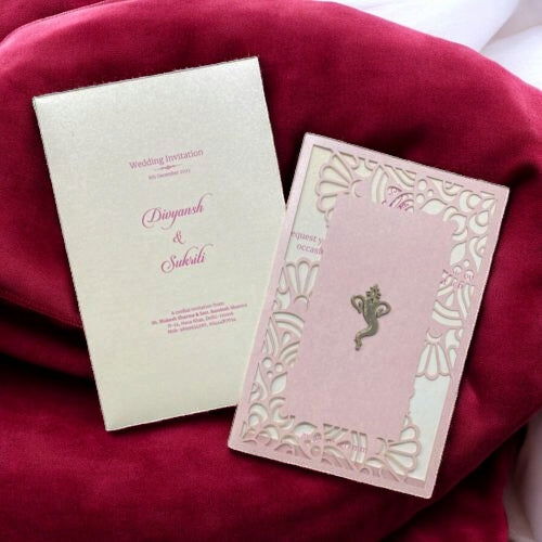 KL8003-4 Laser Cut Paper Wedding Card with 2 Card Inserts & 1 Envelope - Kalash Cards