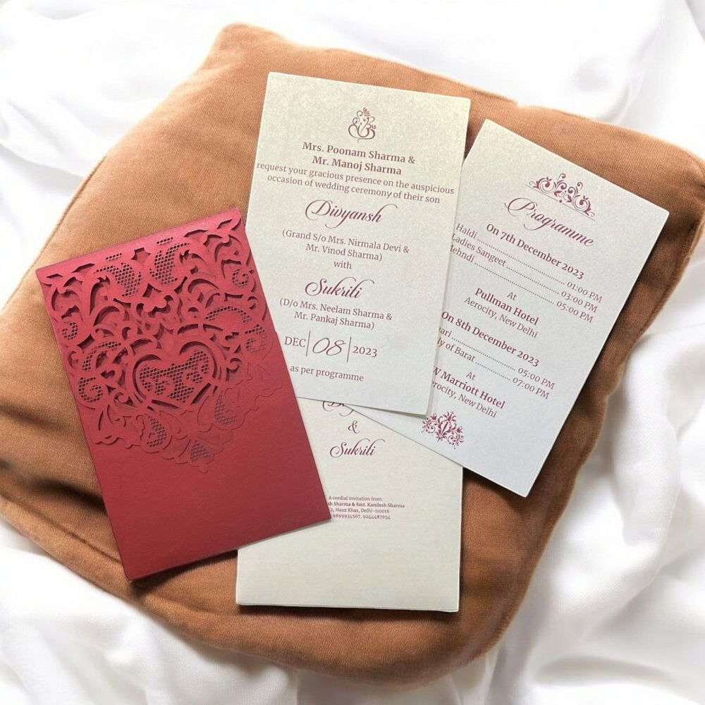 KL8004-1 Laser Cut Paper Wedding Card with 2 Card Inserts and 1 Envelope - Kalash Cards