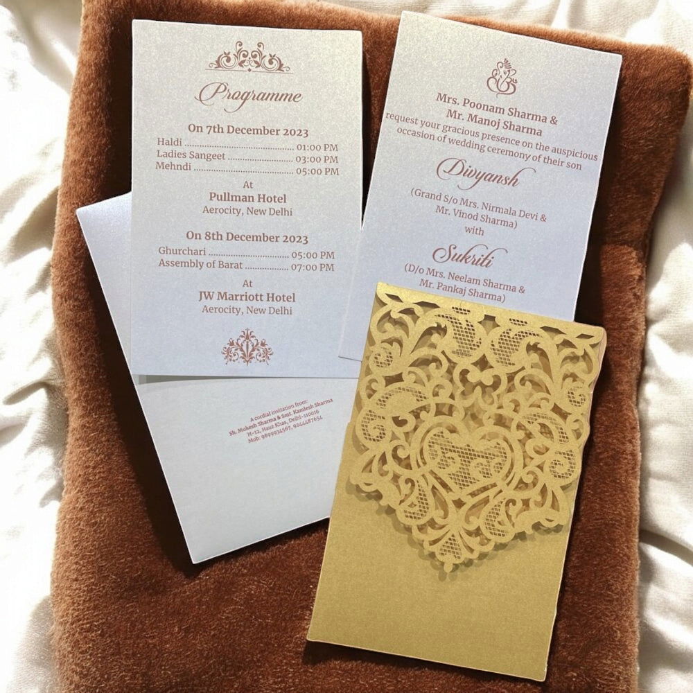 KL8004-3 Laser Cut Paper Wedding Card with 2 Card Inserts and 1 Envelope - Kalash Cards