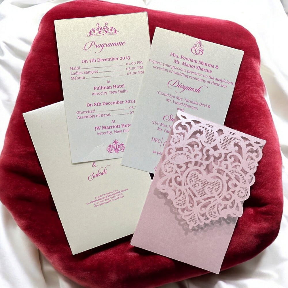 KL8004-4 Laser Cut Paper Wedding Card with 2 Card Inserts and 1 Envelope - Kalash Cards