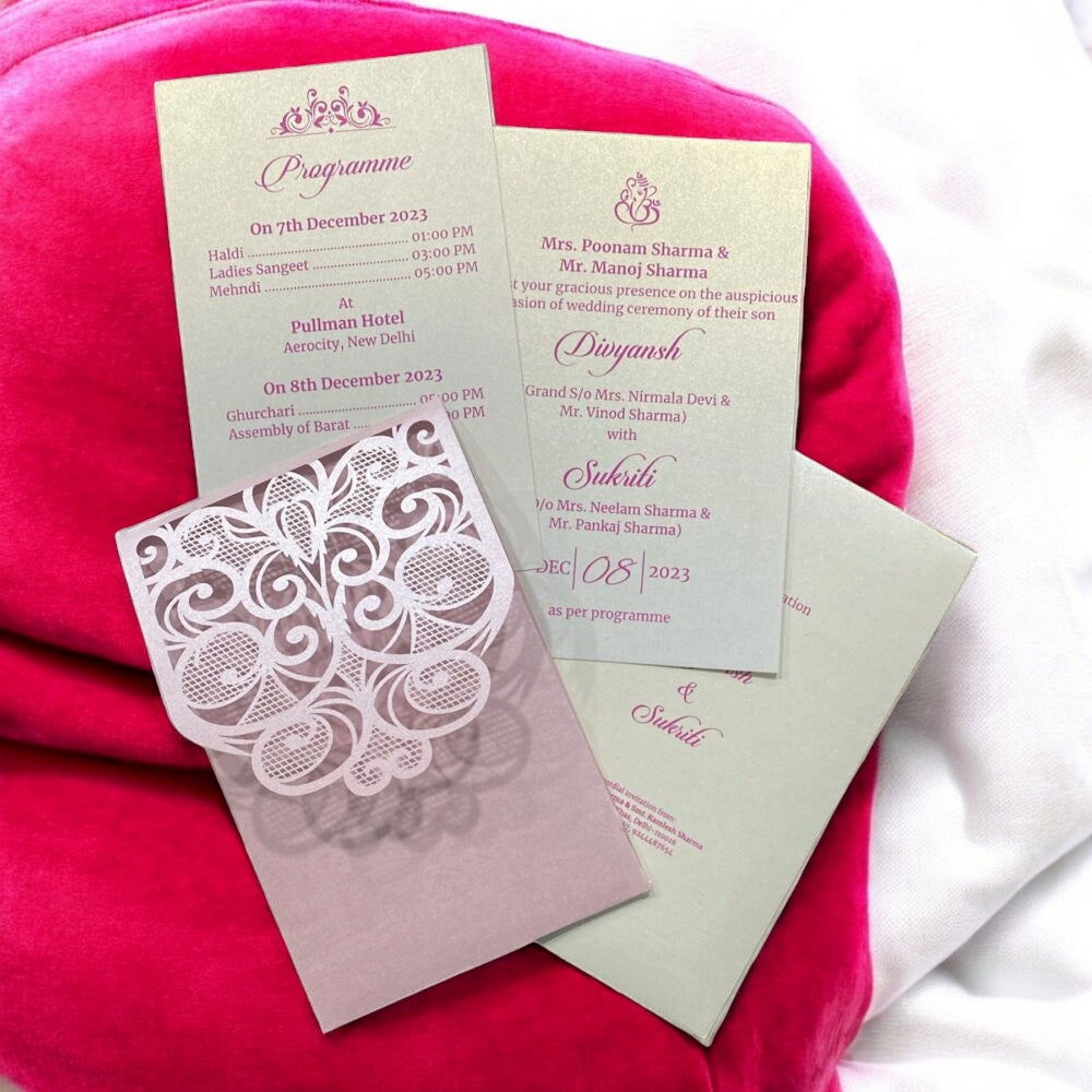 KL8005-4 Laser Cut Paper Wedding Card with 2 Card Inserts and 1 Envelope - Kalash Cards