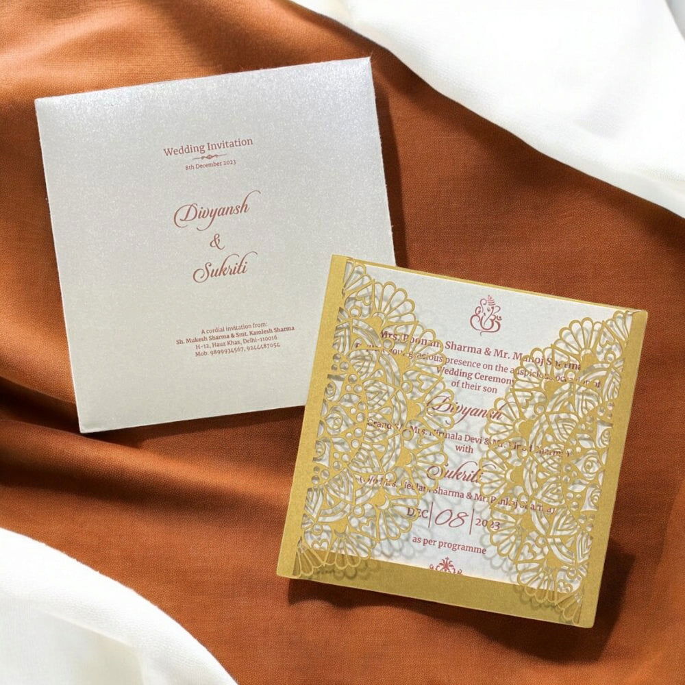 KL8009-3 Laser Cut Paper Wedding Card with 2 Card Inserts and 1 Envelope - Kalash Cards