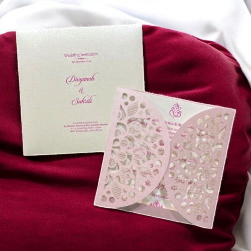 KL8010-4 Laser Cut Paper Wedding Card with 2 Card Inserts and 1 Envelope - Kalash Cards