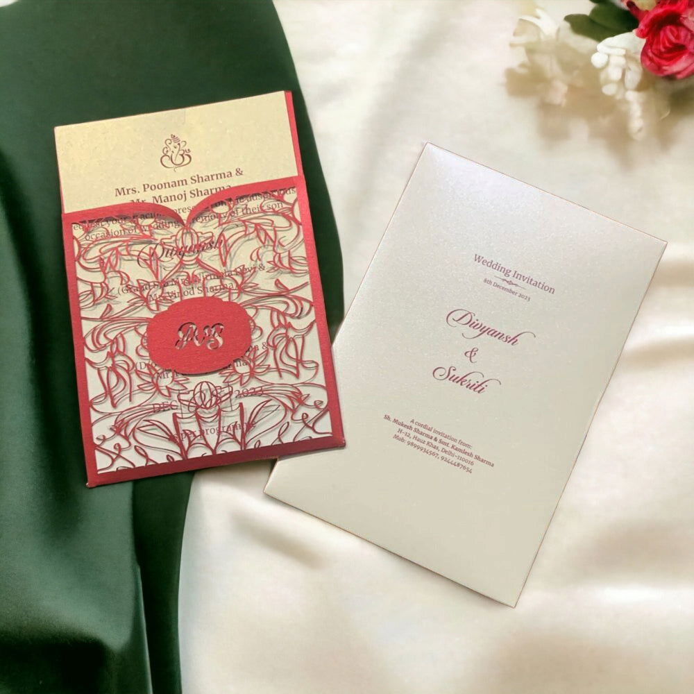 KL8014-1 Laser Cut Paper Wedding Card with 2 Card Inserts and 1 Envelope - Kalash Cards