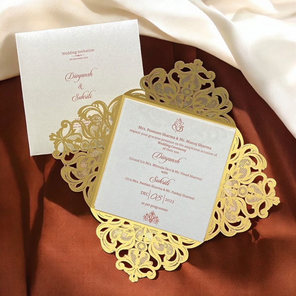 KL8016-3 Laser Cut Paper Wedding Card with 2 Card Inserts and 1 Envelope - Kalash Cards