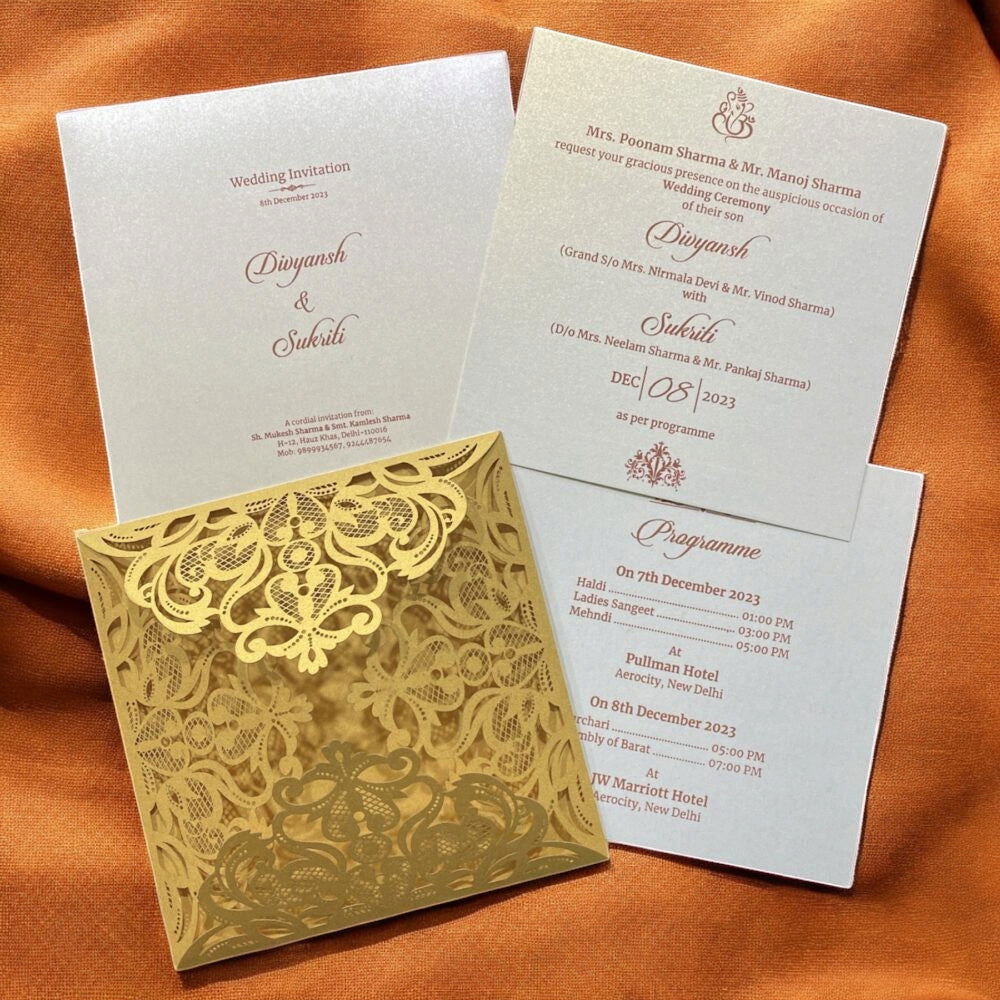 KL8016-3 Laser Cut Paper Wedding Card with 2 Card Inserts and 1 Envelope - Kalash Cards