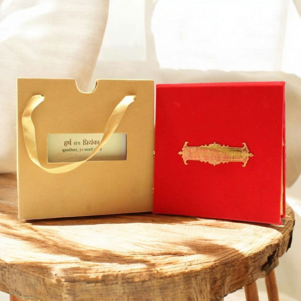 KL9005S1 Velvet Fabric Thick Board Wedding Card with 2 Card Inserts, 1 MDF Carry Bag Style Holder and Acrylic Mirror with Couple Names - Kalash Cards