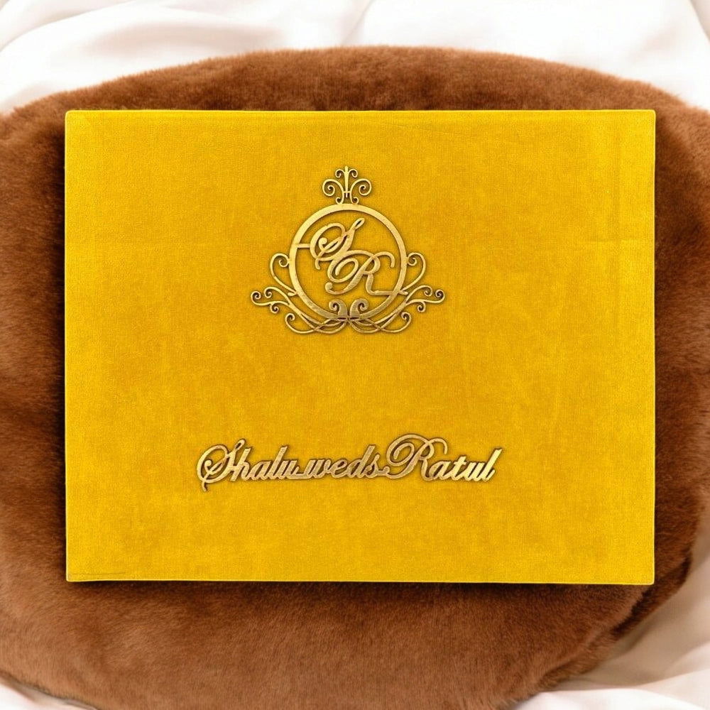 KL9007 Velvet Fabric Thick Luxury Wedding Card with 2 Card Inserts, 1 Envelope, Couple Names and Initials Laser - Kalash Cards