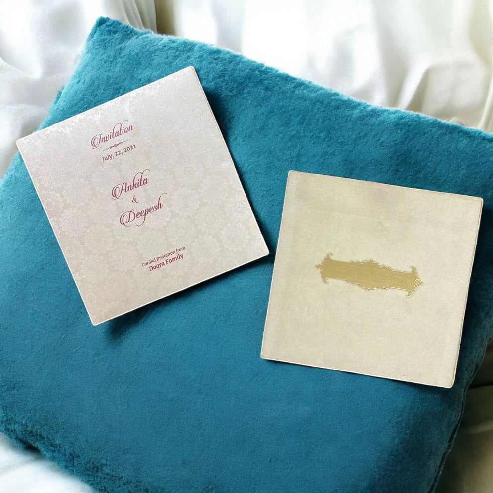 KL9017 Velvet Fabric Thick Luxury Wedding Card with 2 Card Inserts, 1 Envelope and Acrylic Mirror with Couple Names - Kalash Cards
