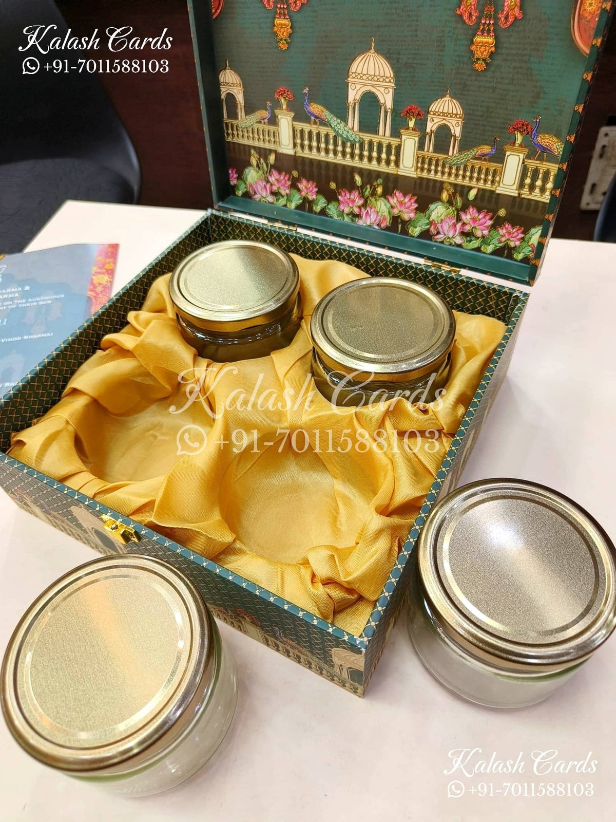 KL9001 Royal Arch Design MDF Luxury Gift Box with 2 Printed Cards (4 Jars 200gm each approx)-Kalash Cards