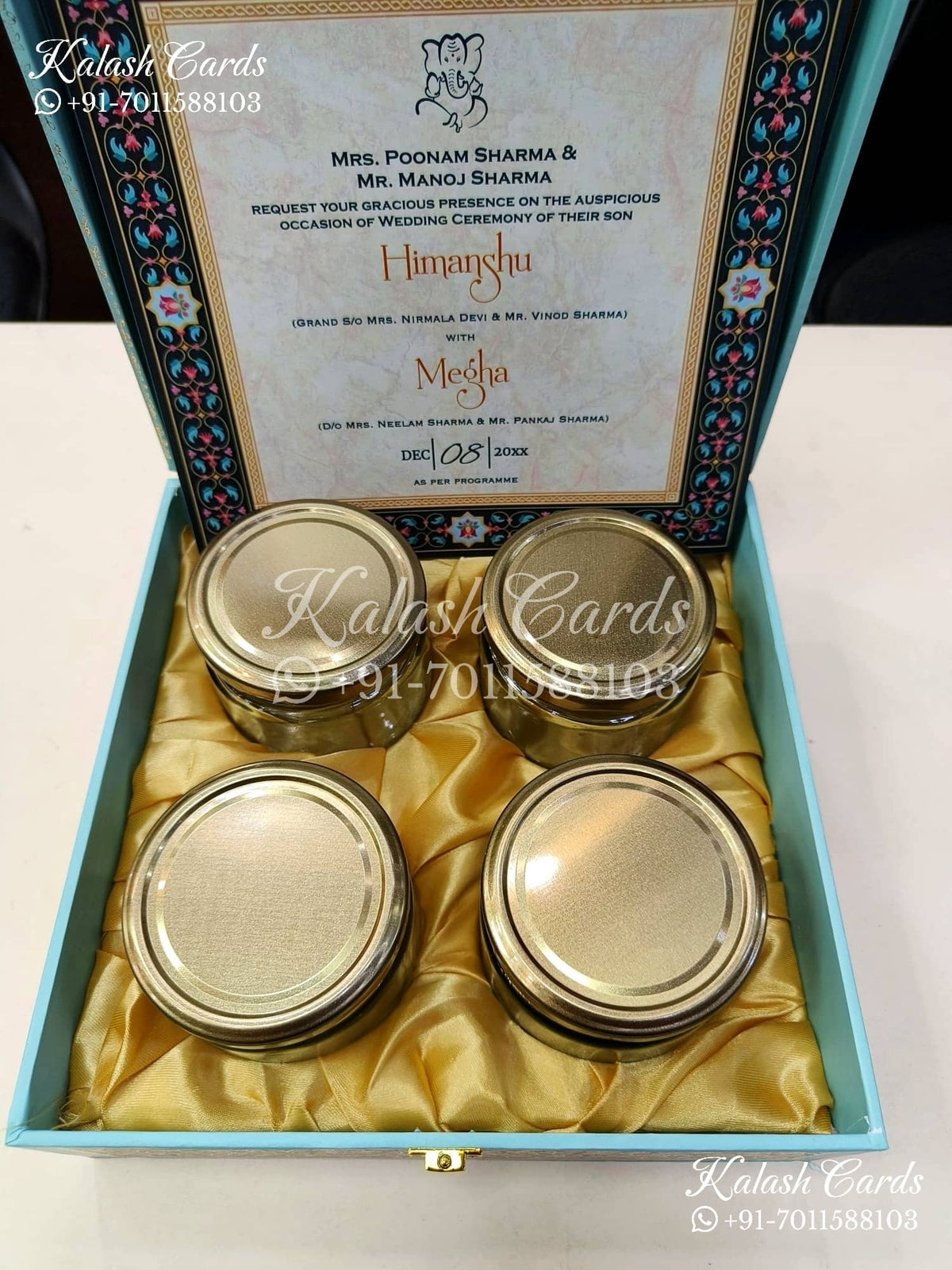 KL9002 Blue Mandala Design MDF Luxury Gift Box with 2 Printed Cards (4 Jars 200gm each approx)-Kalash Cards
