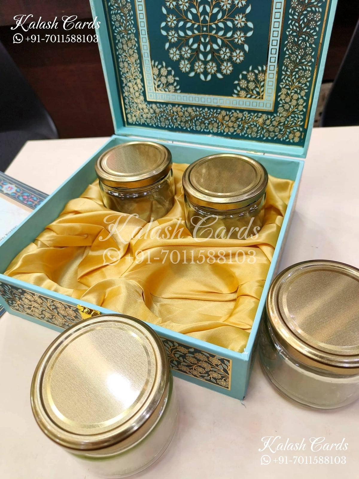 KL9002 Blue Mandala Design MDF Luxury Gift Box with 2 Printed Cards (4 Jars 200gm each approx)-Kalash Cards