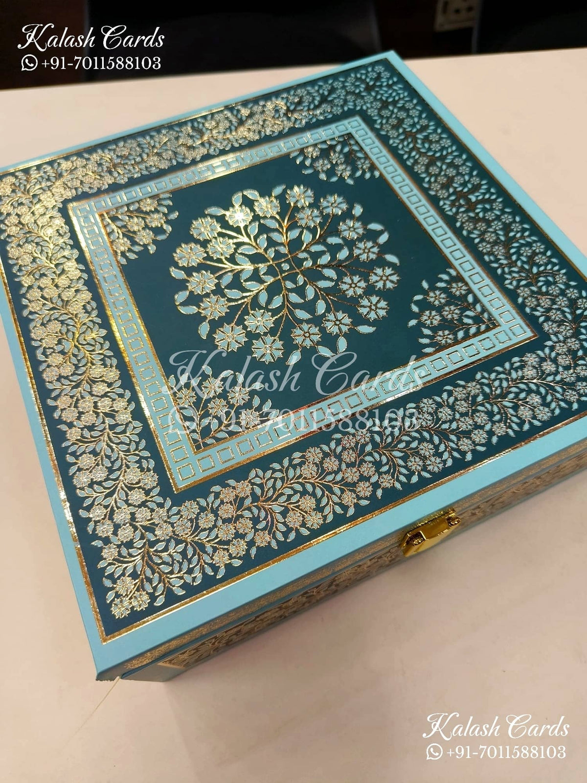 KL9002 Blue Mandala Design MDF Luxury Gift Box with 2 Printed Cards (4 Jars 200gm each approx)-Kalash Cards
