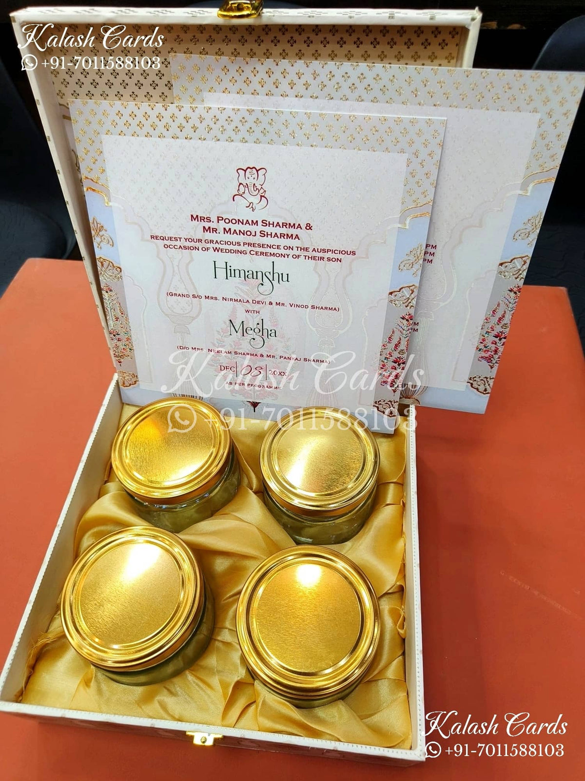 KL9003 Floral Design MDF Luxury Gift Box with 2 Printed Cards (4 Jars 200gm each approx)-Kalash Cards