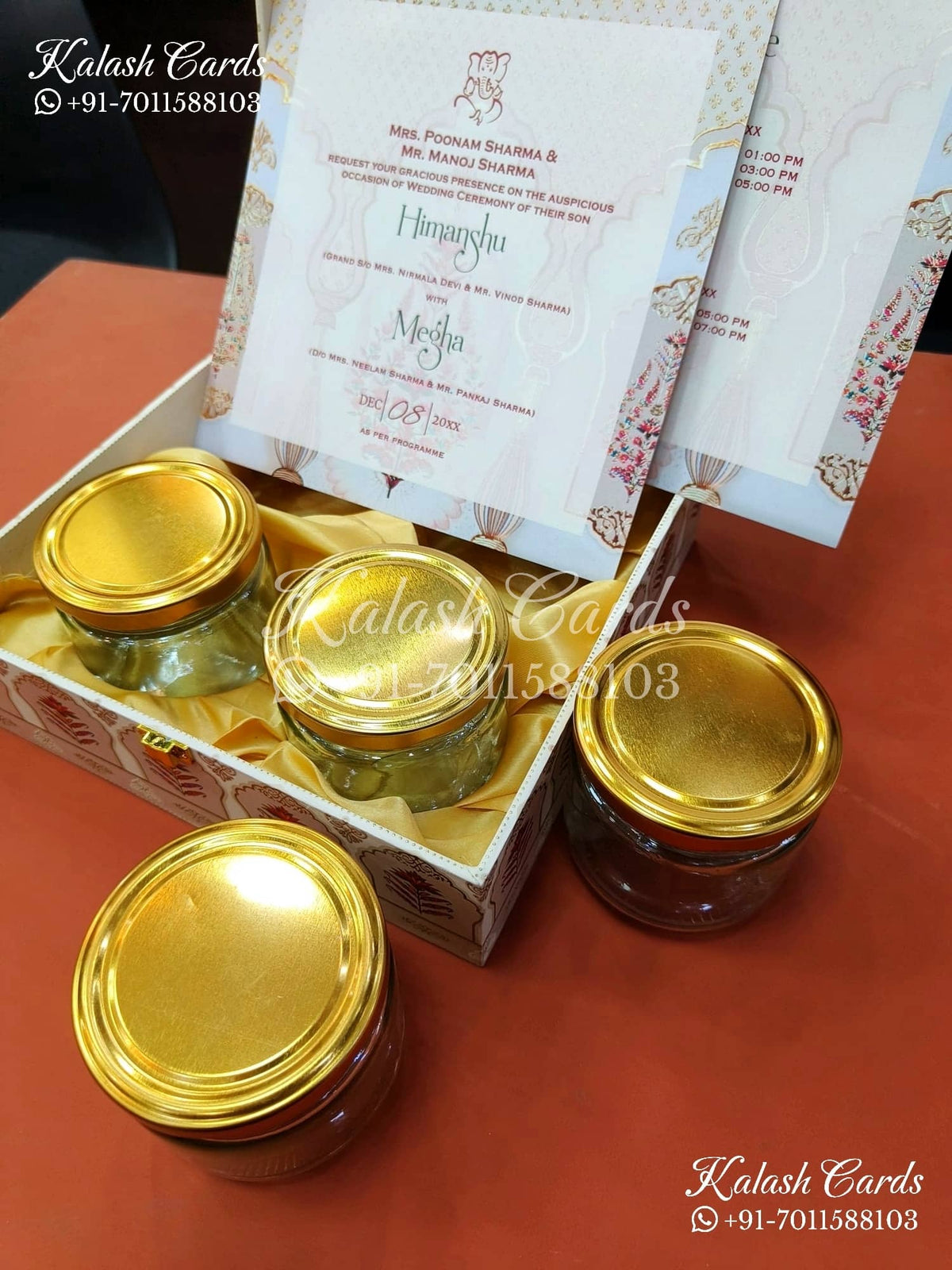 KL9003 Floral Design MDF Luxury Gift Box with 2 Printed Cards (4 Jars 200gm each approx)-Kalash Cards