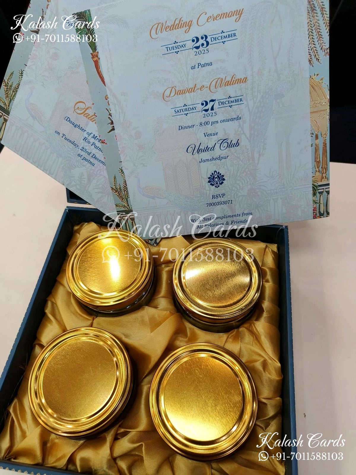 KL9004 Royal Peacock Theme MDF Luxury Gift Box with 2 Printed Cards (4 Jars 200gm each approx)-Kalash Cards