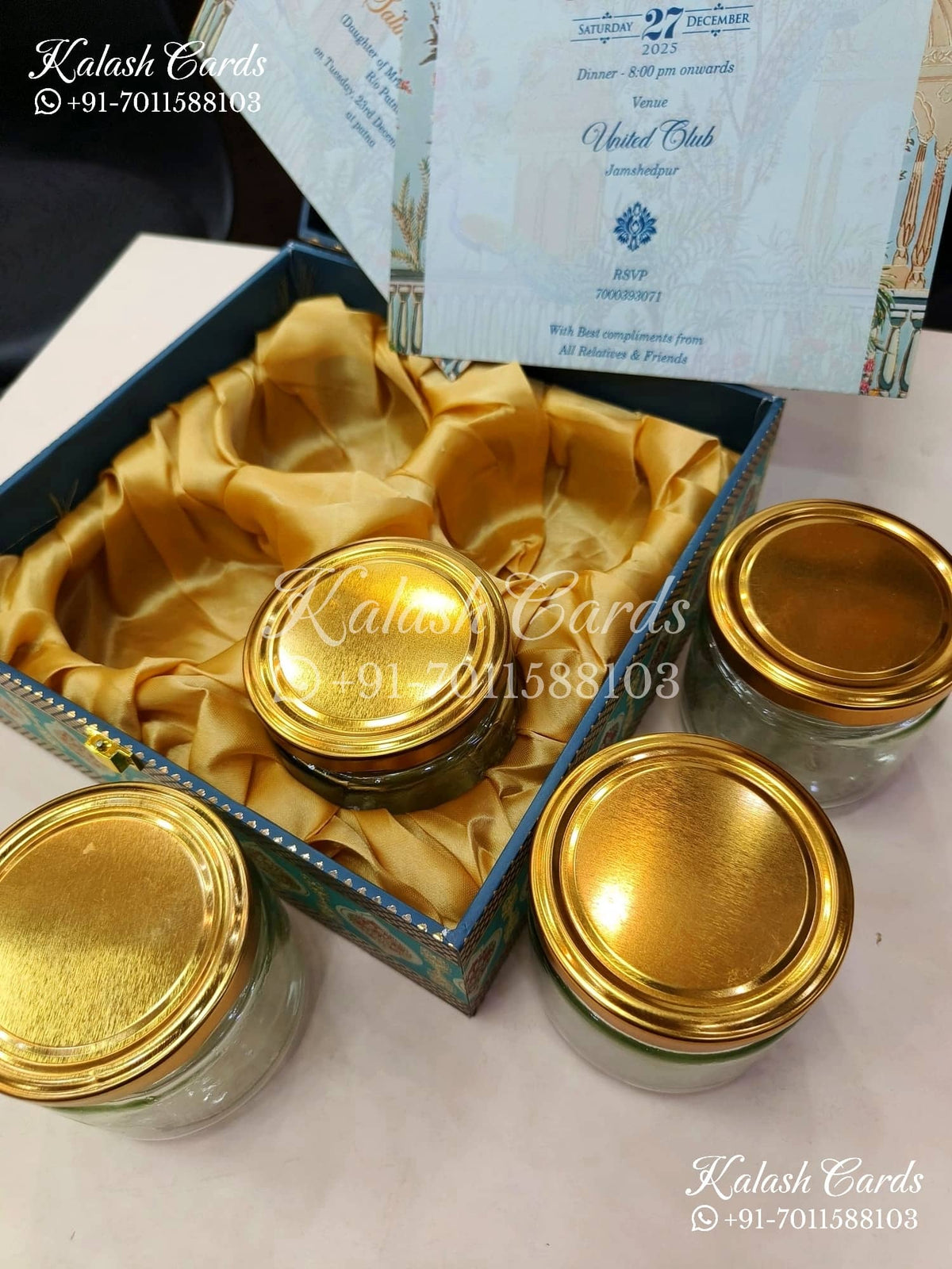 KL9004 Royal Peacock Theme MDF Luxury Gift Box with 2 Printed Cards (4 Jars 200gm each approx)-Kalash Cards