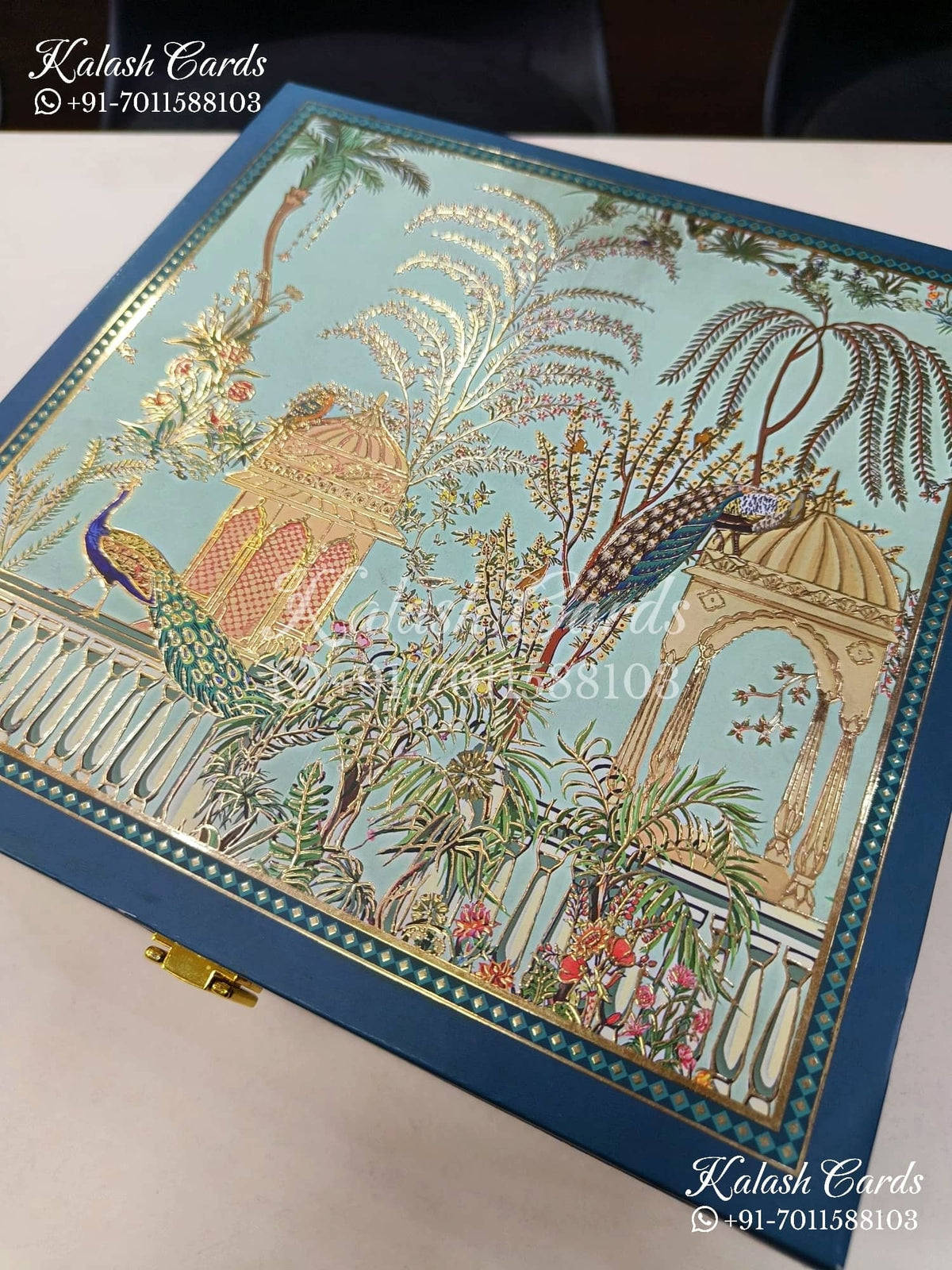 KL9004 Royal Peacock Theme MDF Luxury Gift Box with 2 Printed Cards (4 Jars 200gm each approx)-Kalash Cards