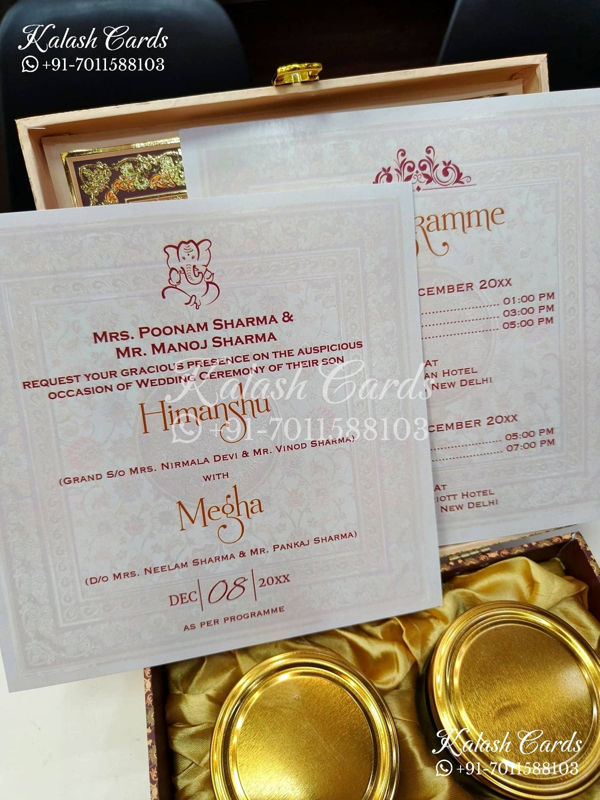 KL9008 Door Style Velvet Fabric Hardboard Padding Thick Luxury Wedding Card with 2 Card Inserts, 1 Envelope and Couple Names Laser-Kalash Cards