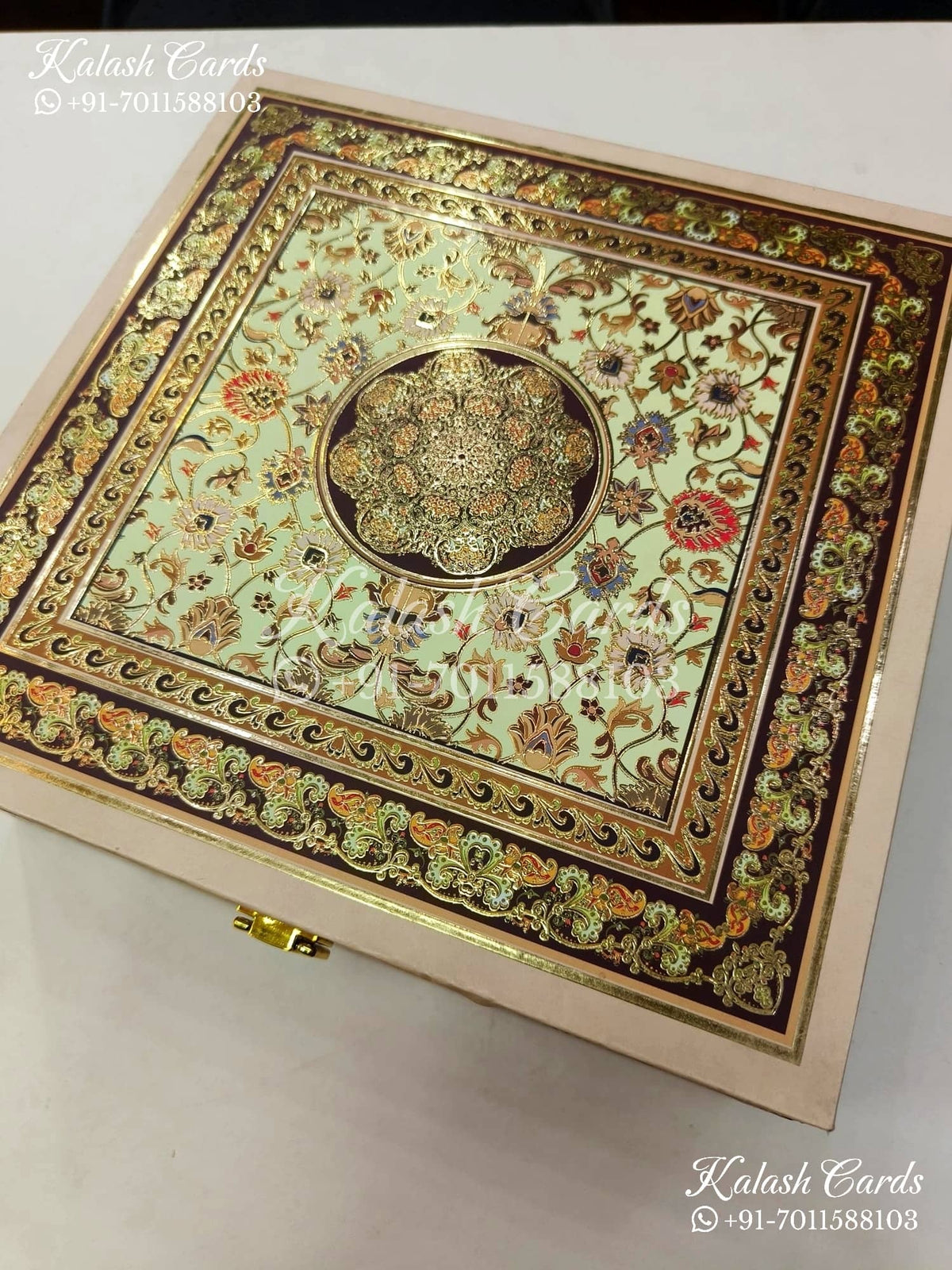 KL9008 Door Style Velvet Fabric Hardboard Padding Thick Luxury Wedding Card with 2 Card Inserts, 1 Envelope and Couple Names Laser-Kalash Cards