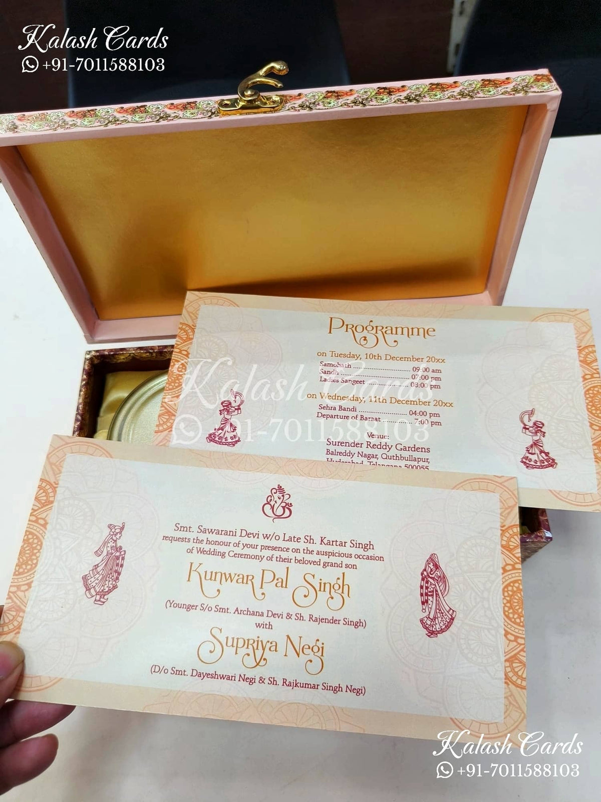 KL9010 Door Style Velvet Fabric Hardboard Padding Thick Luxury Wedding Card with 2 Card Inserts, 1 Envelope and Acrylic Mirror with Couple Names-Kalash Cards